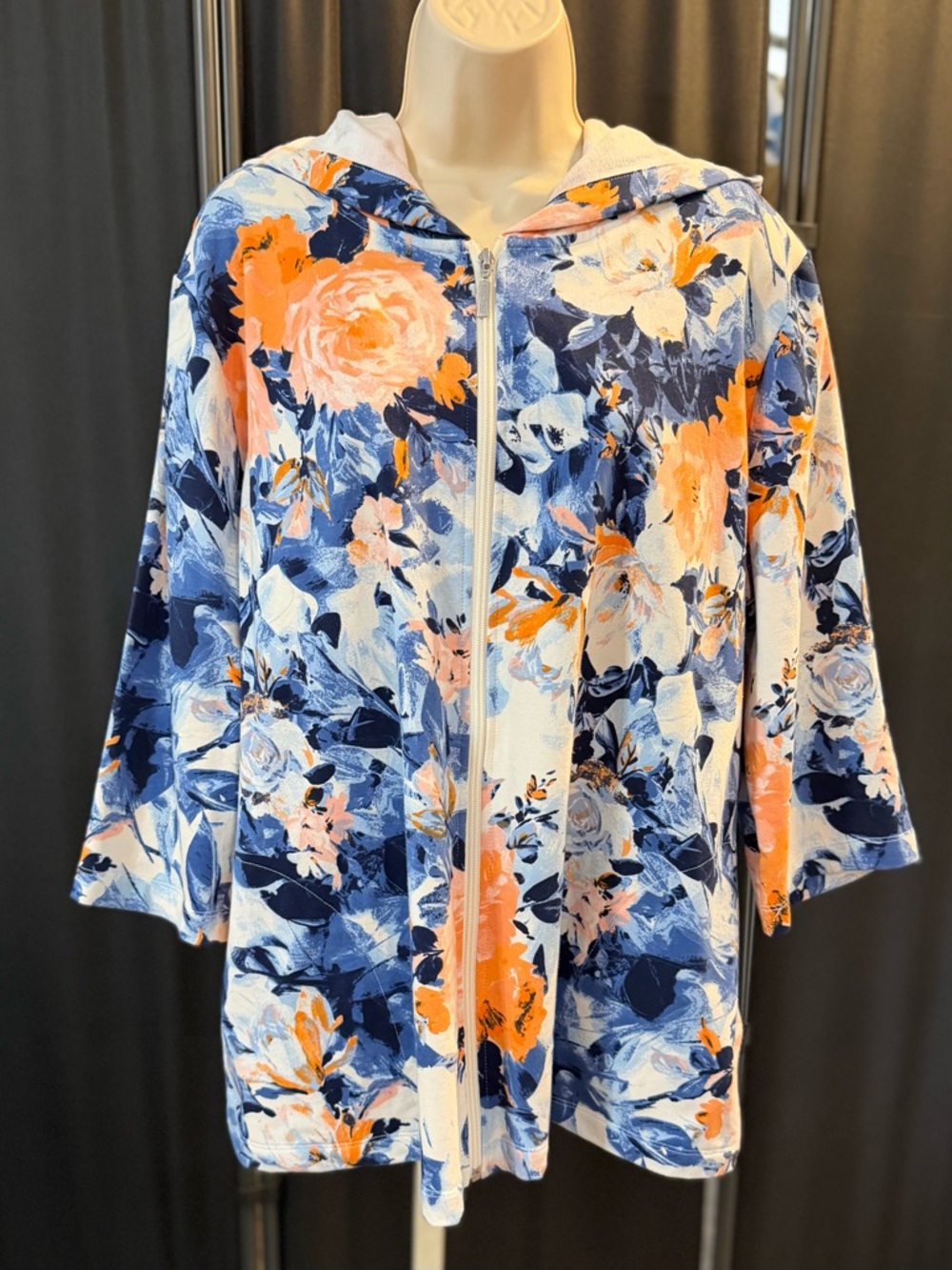 Denim & Co Active French Terry Floral Zip Up Jacket Blue Rose X-Large